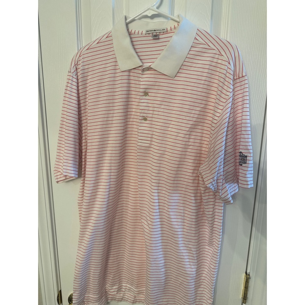 Peter Millar Mens L 1899 Gate Logo Red White Striped Cotton Golf Polo Shirt